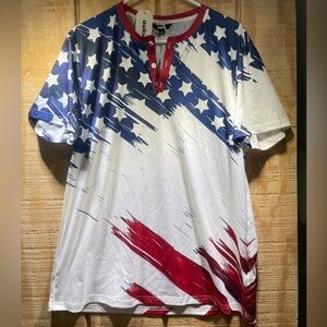 Ouku Patriotic Stars & Stripes Short Sleeve Henley Shirt NWT - Red, White & Blue